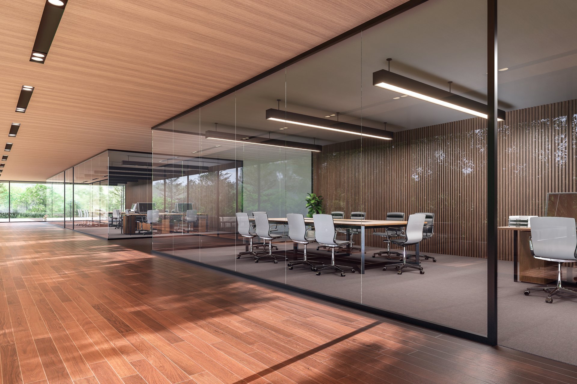 Oficina contemporánea con diseño moderno, piso de madera y grandes ventanas con vista a la naturaleza
