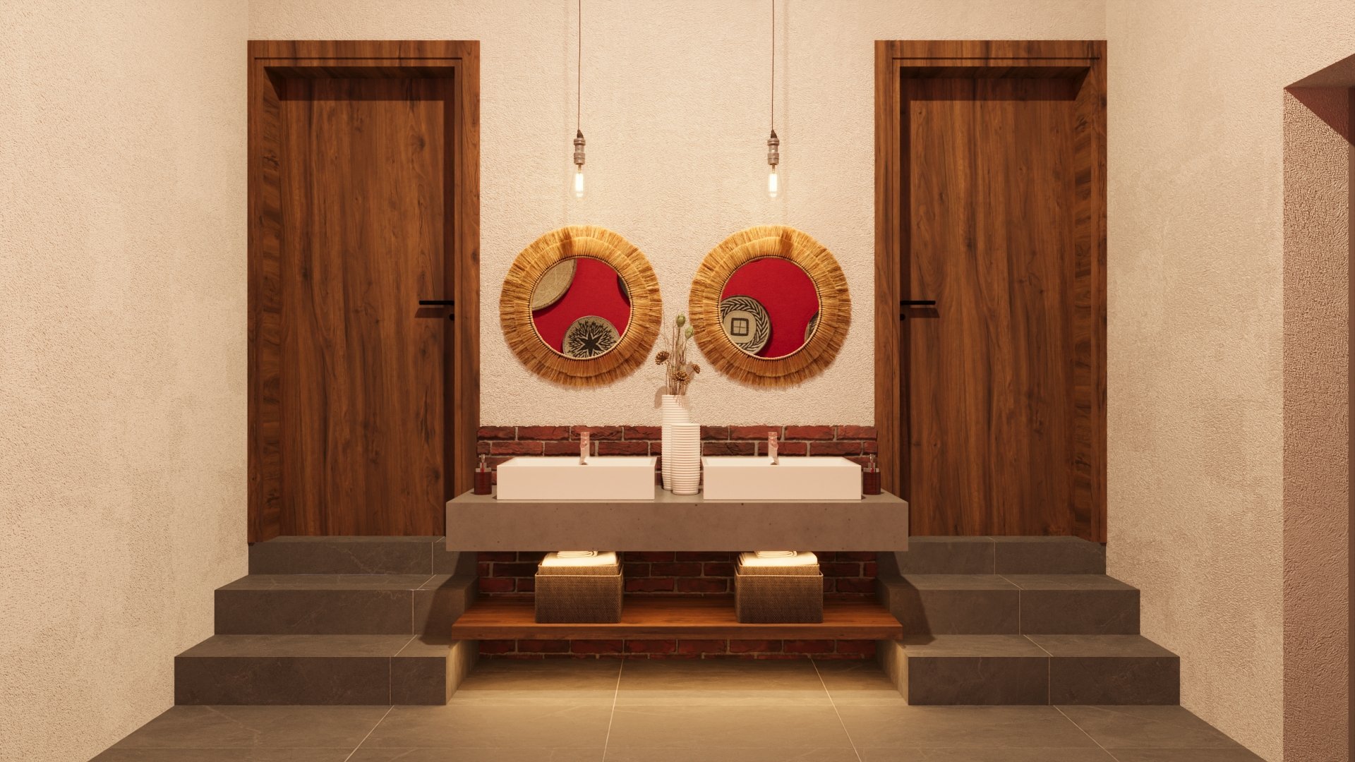 Modern spa bathroom with dual sinks, decorative red wall art, wooden doors, and stepped platform layout