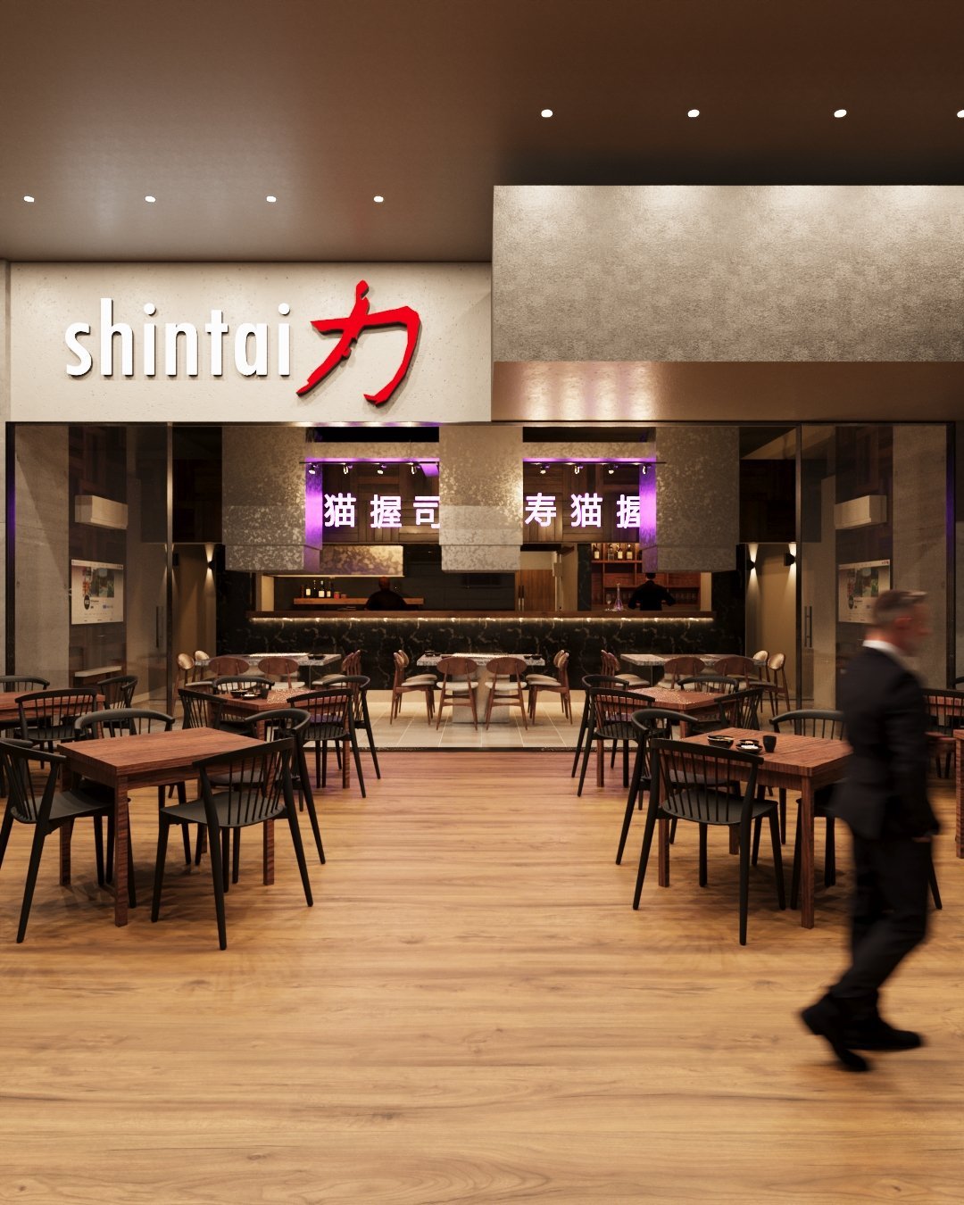Modern Shintai restaurant storefront with wooden tables, chairs, and neon red signage in a shopping mall interior