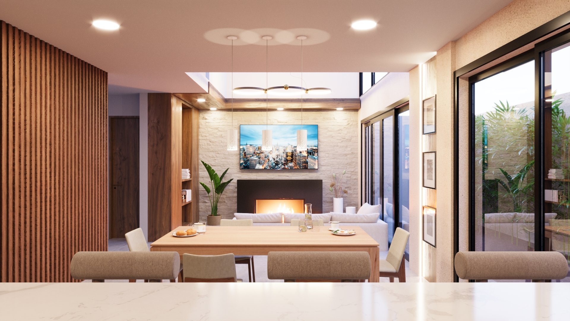 Modern living room with wooden slat wall, fireplace, dining table, and sliding glass doors leading to outdoor patio