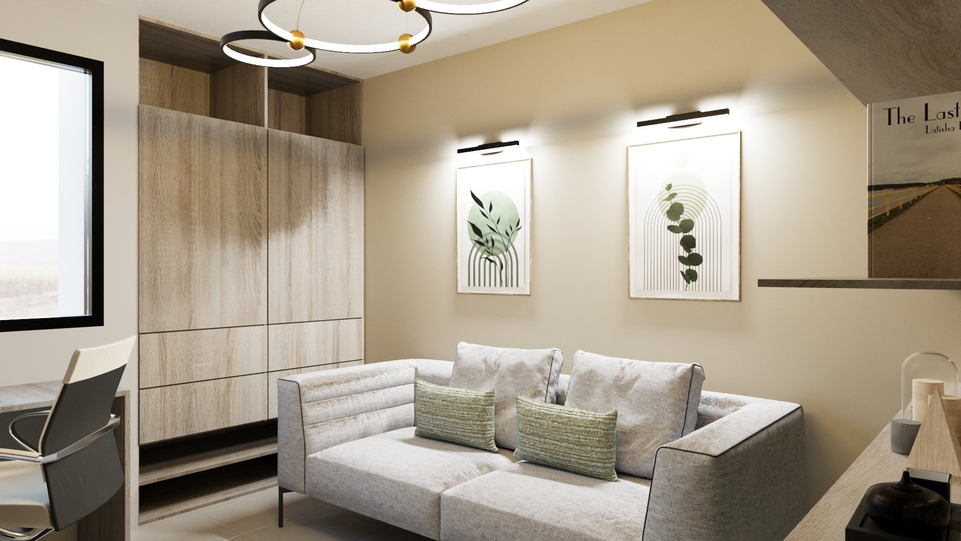 Modern living room with gray sofa, decorative pillows, wooden wardrobe, botanical wall art, and contemporary lighting fixtures