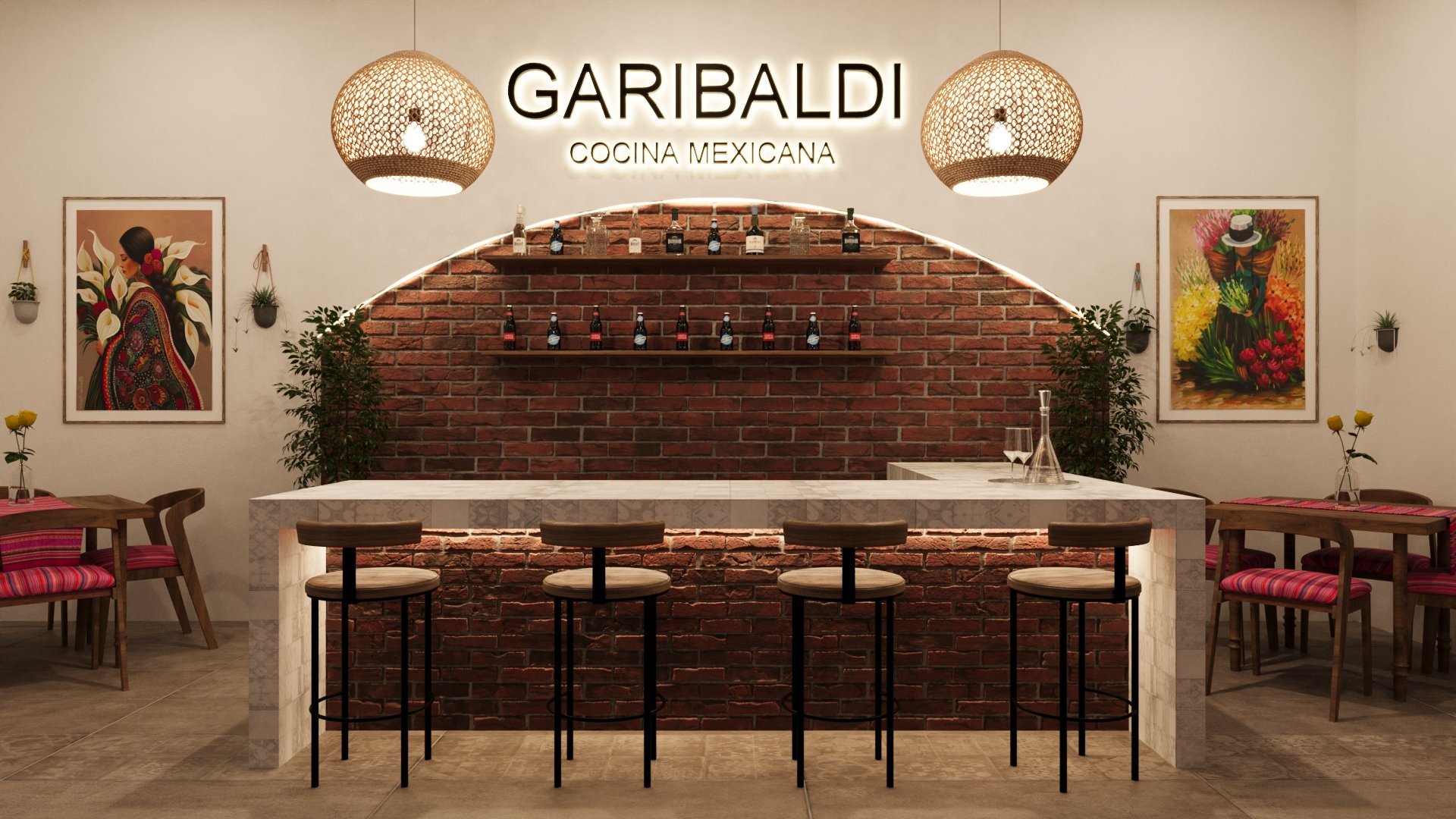 Modern restaurant interior for Garibaldi Cocina Mexicana with exposed brick counter, woven pendant lights, and colorful artwork on walls