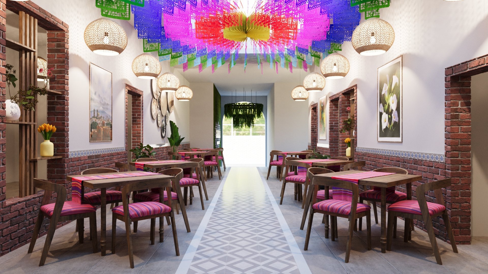 Modern restaurant interior with colorful neon ceiling art, wooden dining tables, purple chairs, exposed brick walls, and pendant lighting