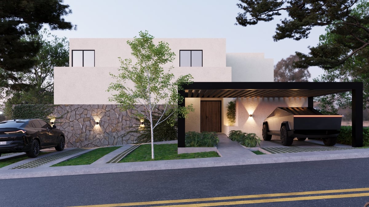 Modern residential home with white upper level, stone foundation, and attached carport with black overhang on street-facing elevation