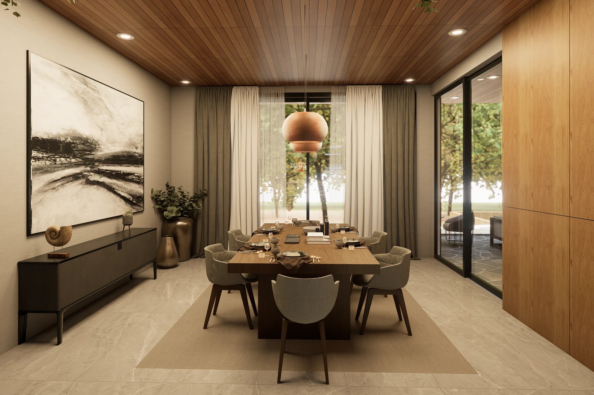 Modern dining room with wooden ceiling, round table, upholstered chairs, pendant lamp, and floor-to-ceiling windows overlooking outdoor space