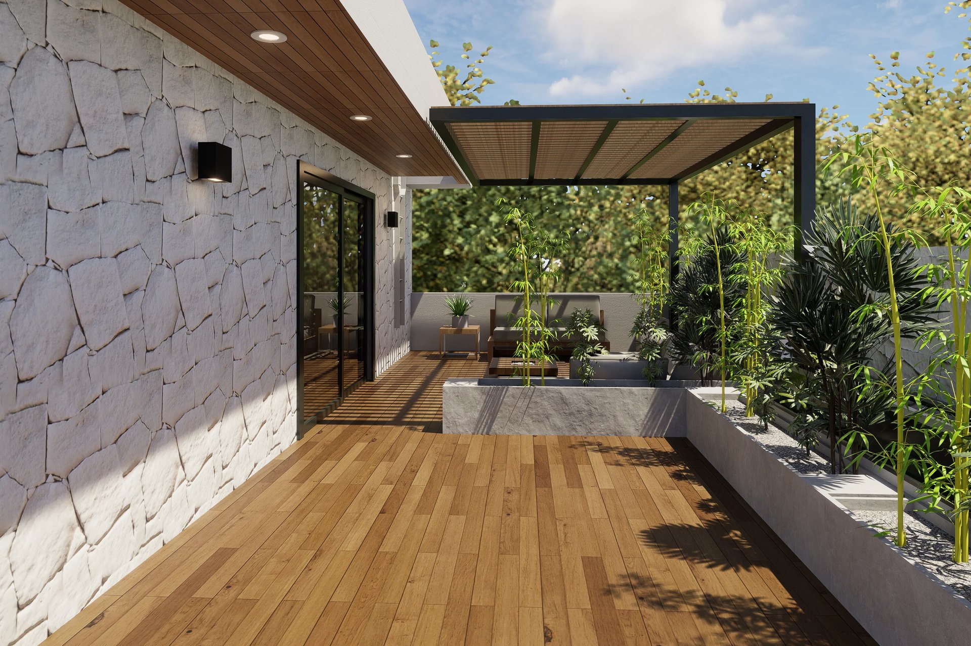 Modern patio with wooden deck, pergola shade structure, white stone wall, planters with green plants, and seating area
