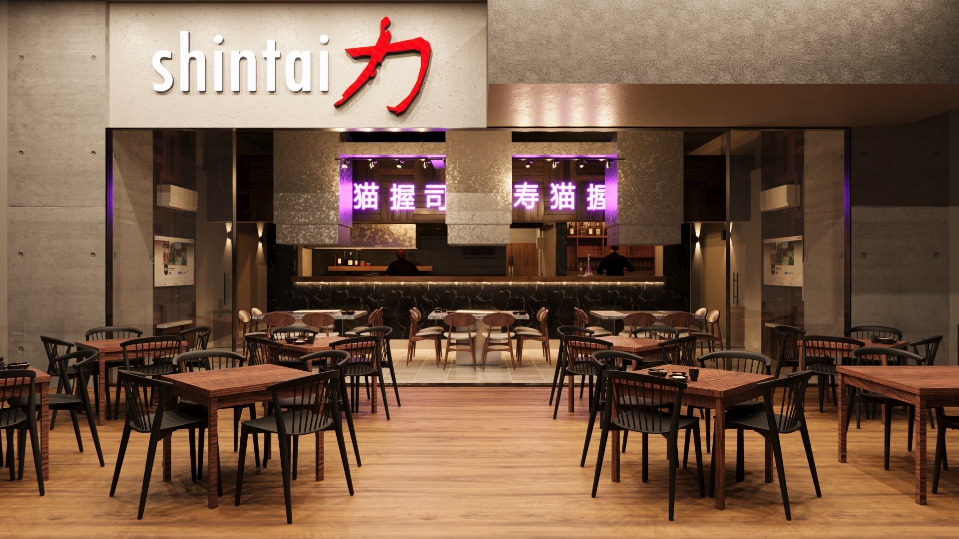 Shintai ramen restaurant interior with wooden tables, black chairs, and illuminated signage with Japanese characters