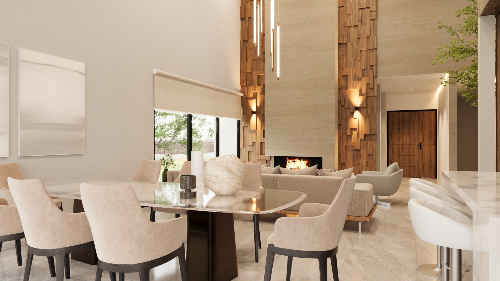 Modern dining area with cream upholstered chairs around a black table, fireplace, and contemporary interior design