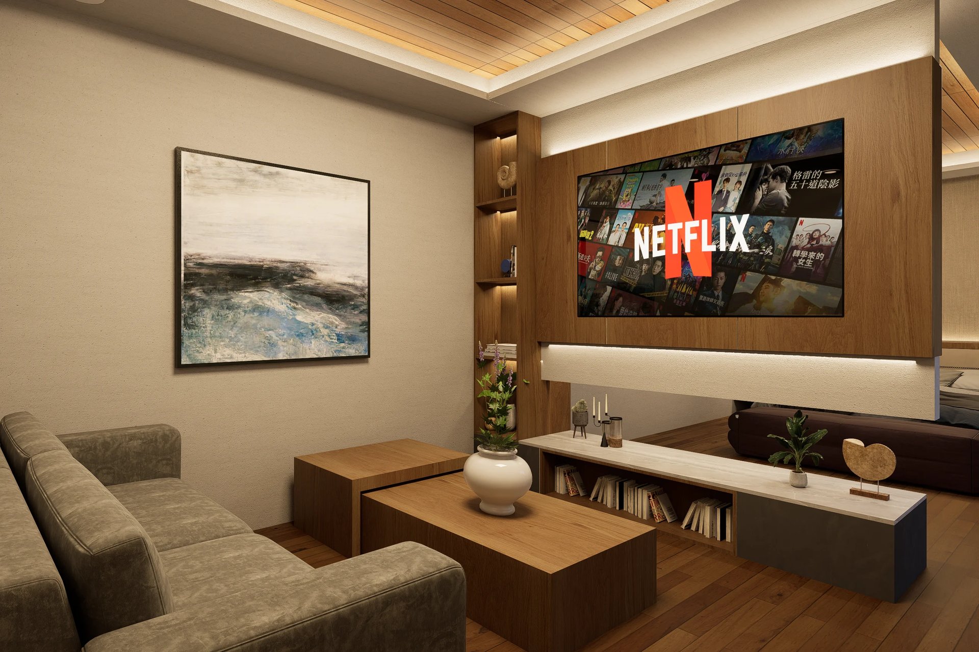 Modern living room with gray sofa, wooden furniture, Netflix displayed on wall-mounted TV, and abstract artwork