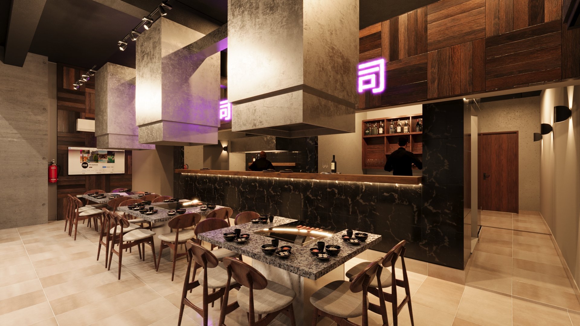 Modern restaurant interior with wooden dining tables and chairs, illuminated by purple accent lighting and contemporary design elements