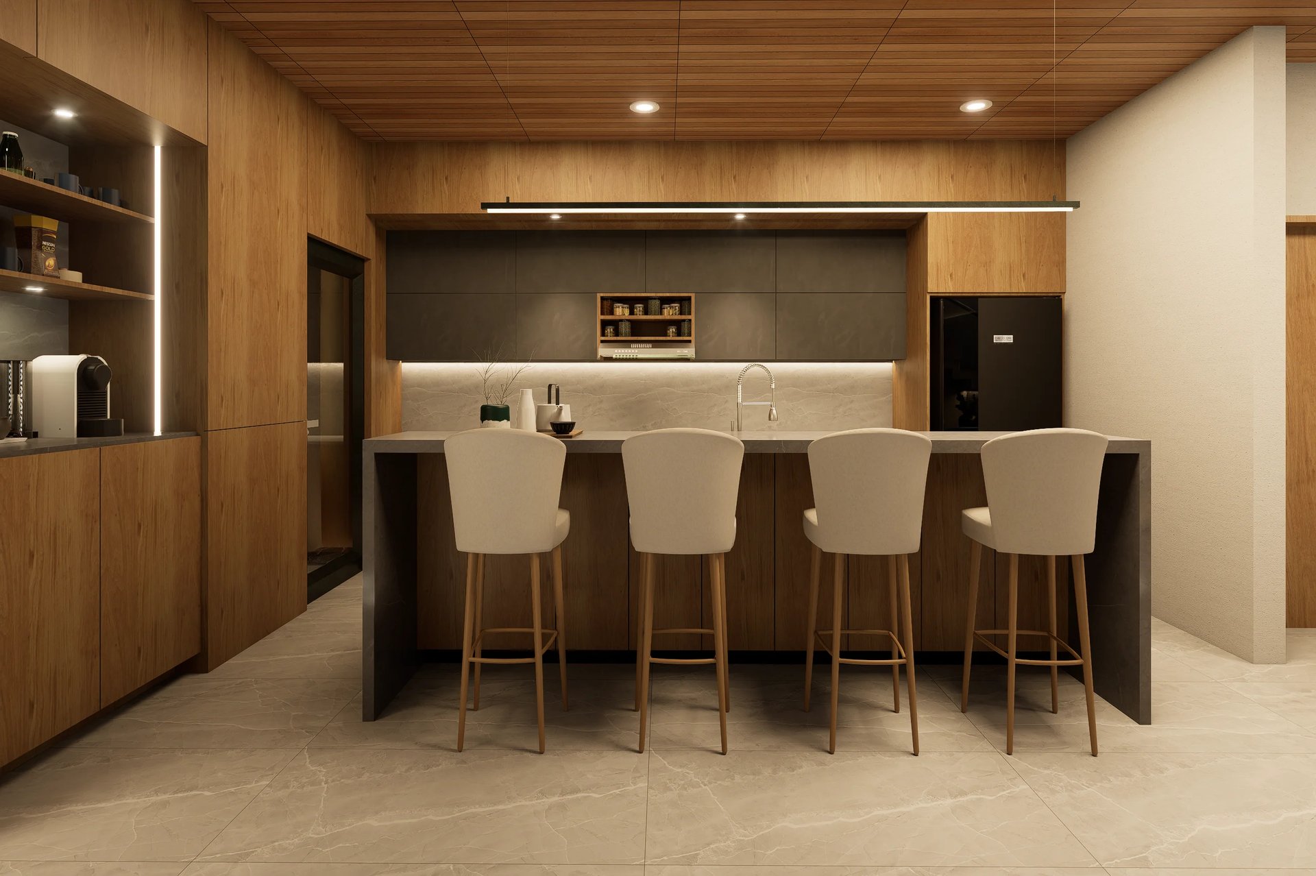 Modern kitchen with wooden cabinetry, dark island with four cream bar stools, recessed lighting, and beige tiled flooring