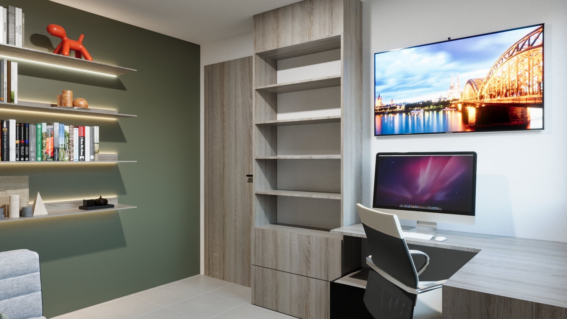 Modern home office with green accent wall, built-in shelving, computer desk with monitor, and framed cityscape artwork on white wall