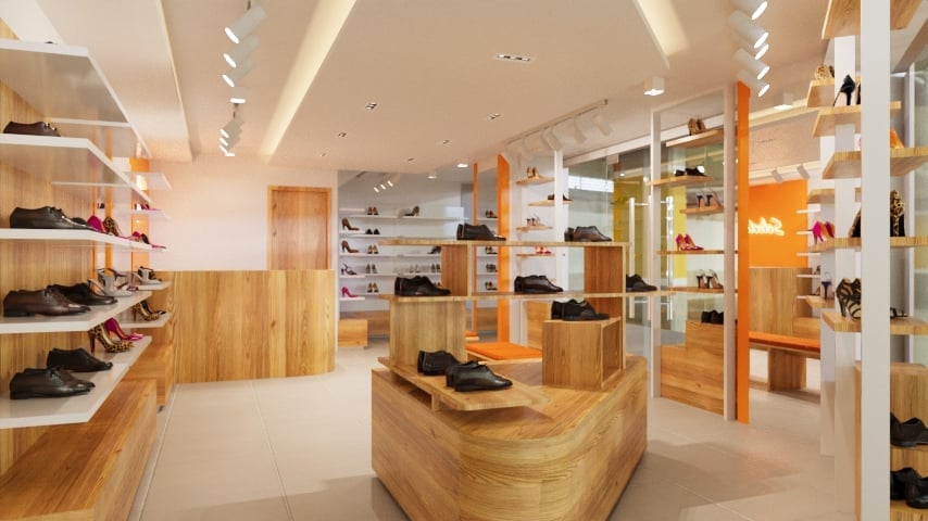 Modern shoe store interior with wooden display fixtures, shelving, and a curved counter showcasing footwear under bright lighting