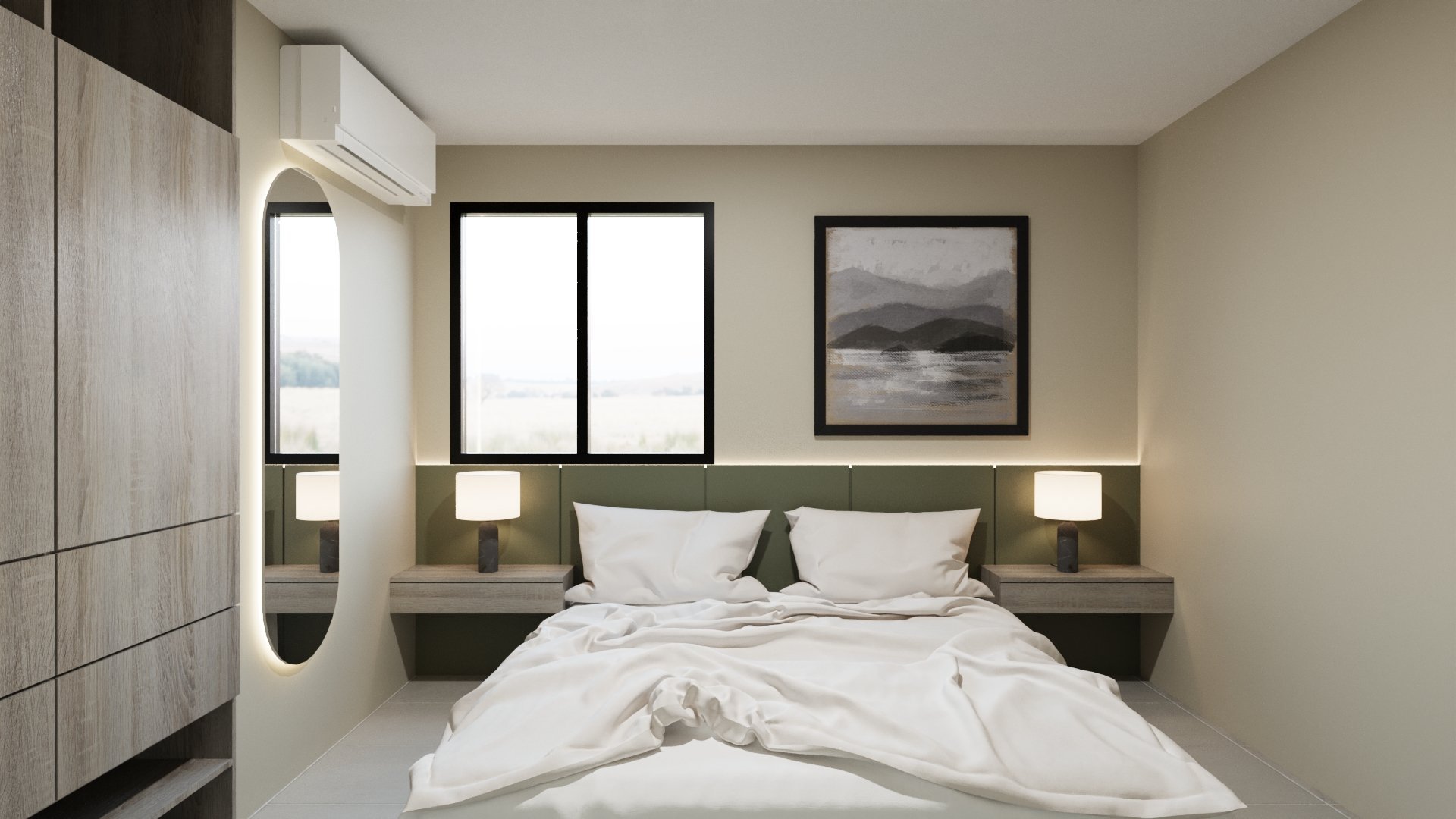 Modern minimalist bedroom with white bedding, integrated nightstands with lamps, landscape artwork, and floor-to-ceiling wardrobe