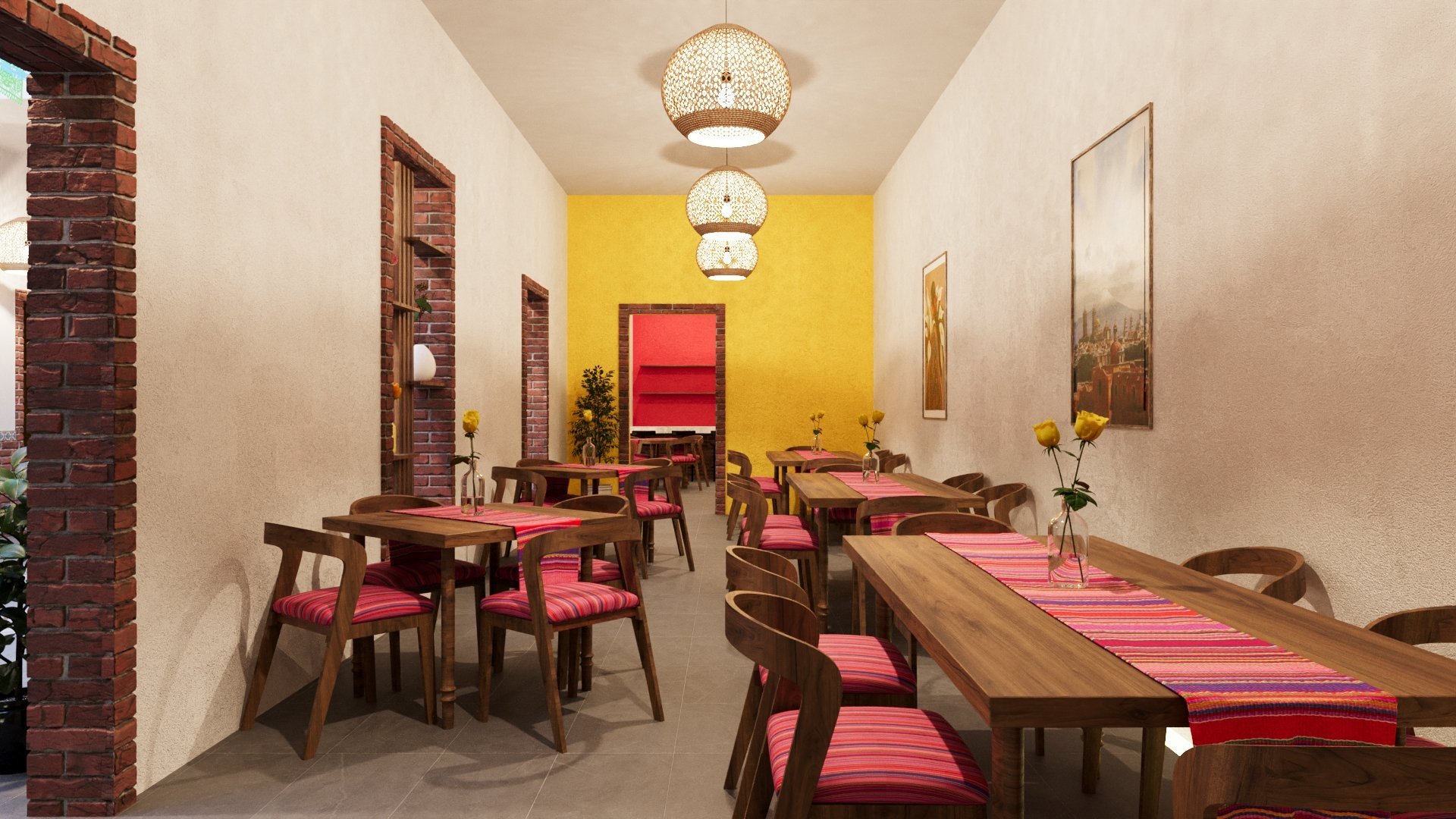 Modern dining room with wooden tables and pink chairs, bright yellow accent wall, pendant lights, and brick fireplace