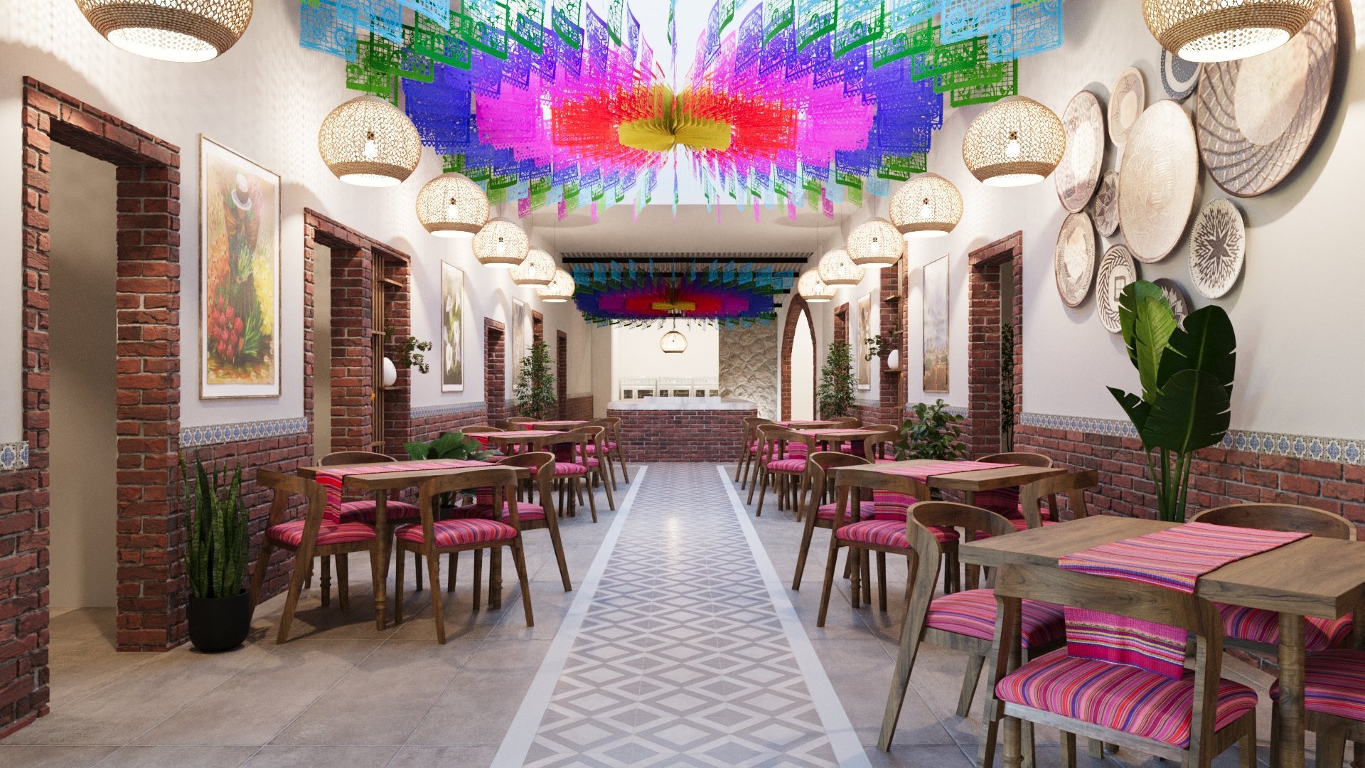 Modern restaurant interior with vibrant rainbow light installation on ceiling, brick walls, wooden tables with pink chairs, and contemporary pendant lighting