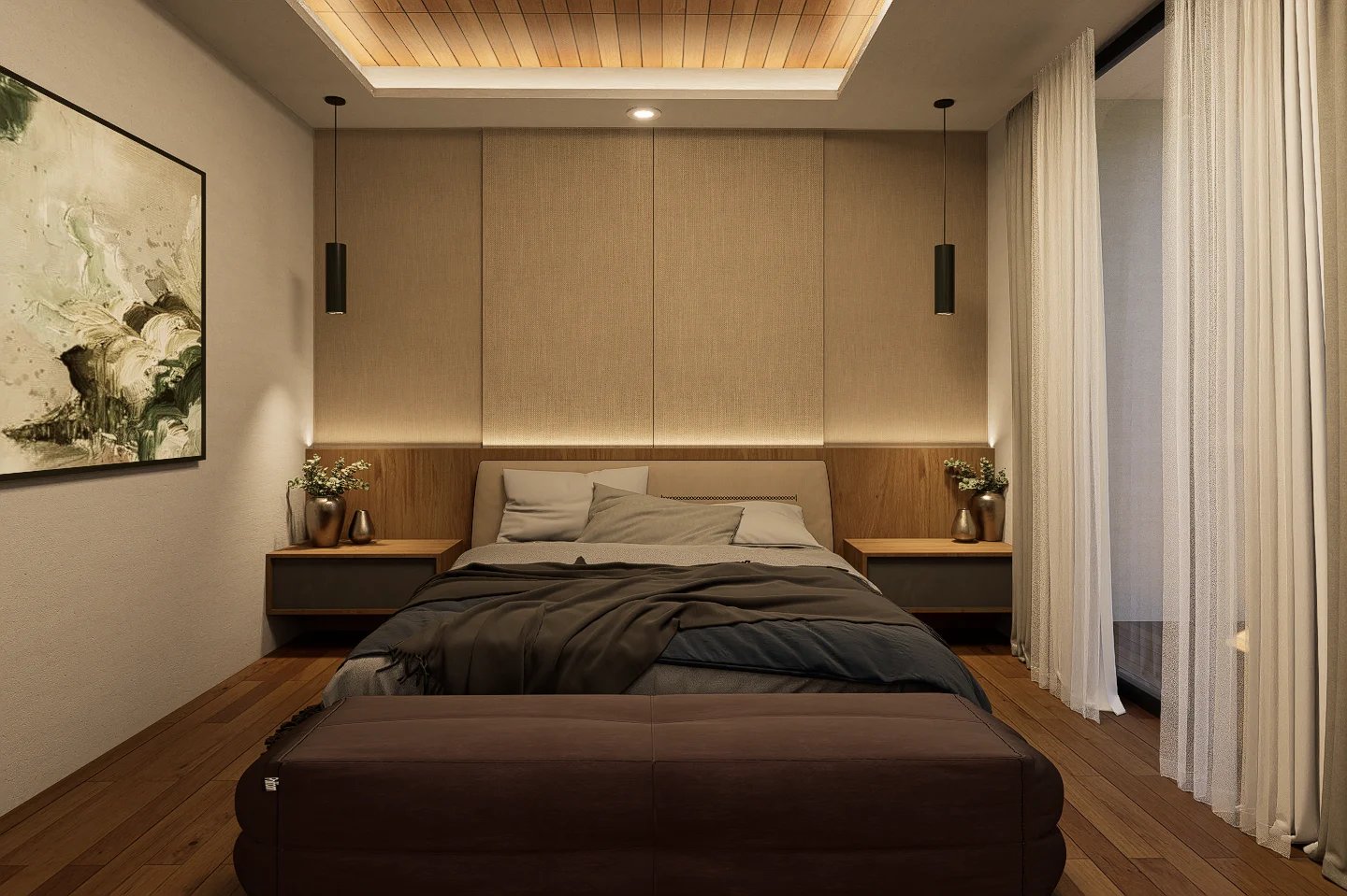 Modern minimalist bedroom with wood accent wall, platform bed, built-in nightstands, recessed ceiling lighting, and light curtains