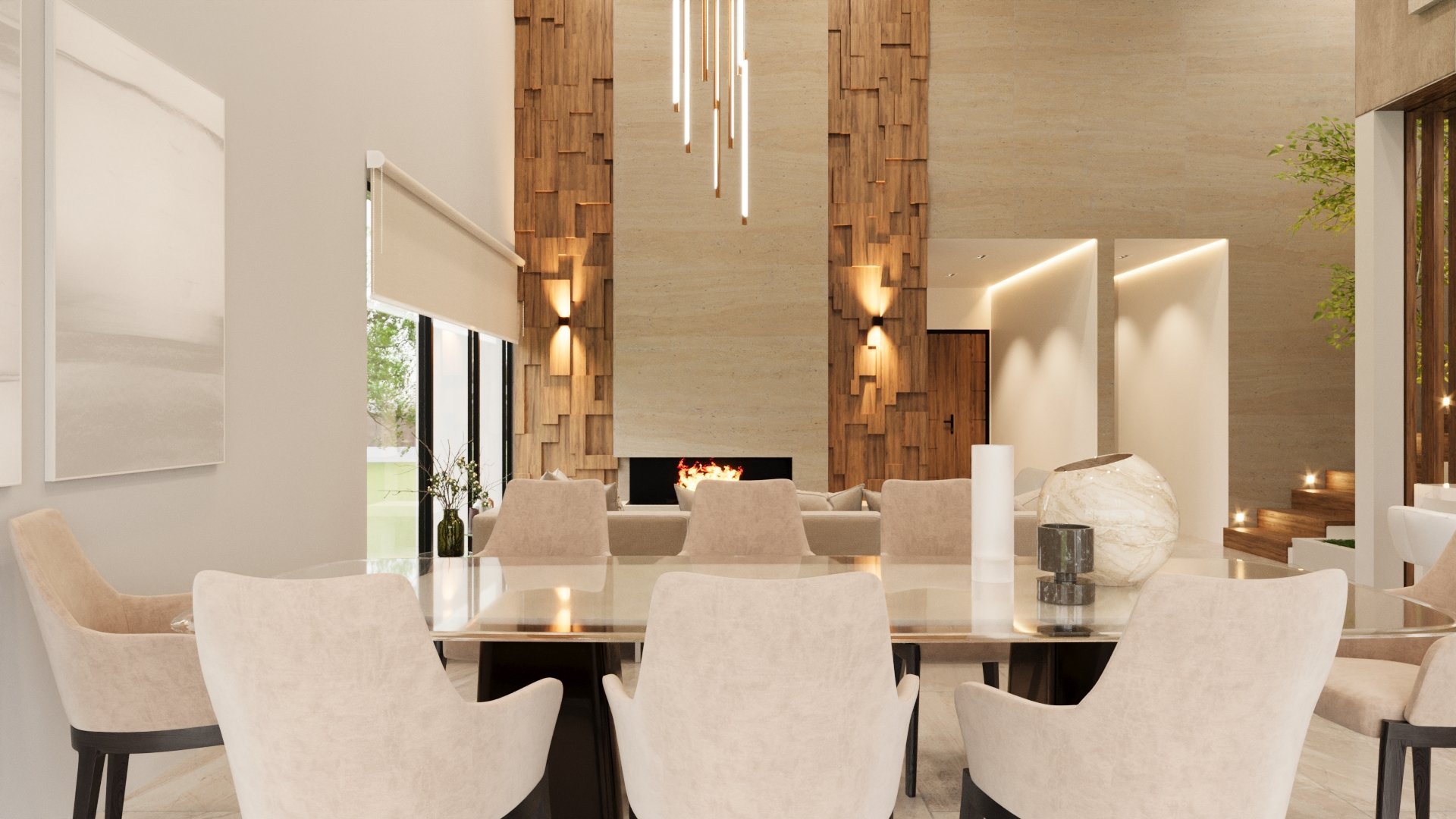 Modern dining room with round black table, cream upholstered chairs, wooden accent wall with fireplace, and contemporary lighting