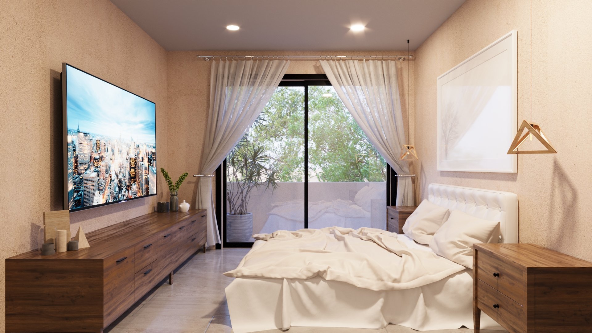 Modern bedroom with a queen bed, wooden furniture, wall-mounted TV, and glass doors opening to a balcony with city views