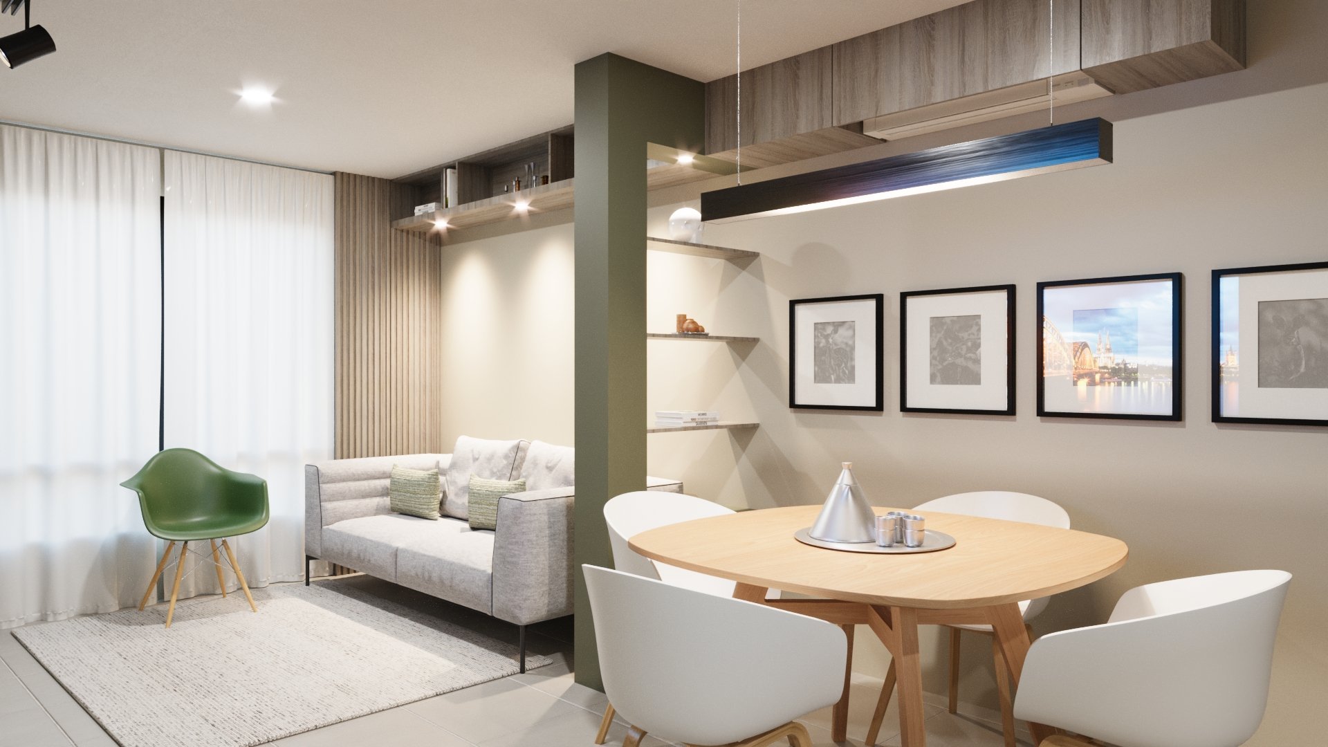 Modern studio apartment with sleeping area, dining table, and living space featuring green accents and wooden furniture