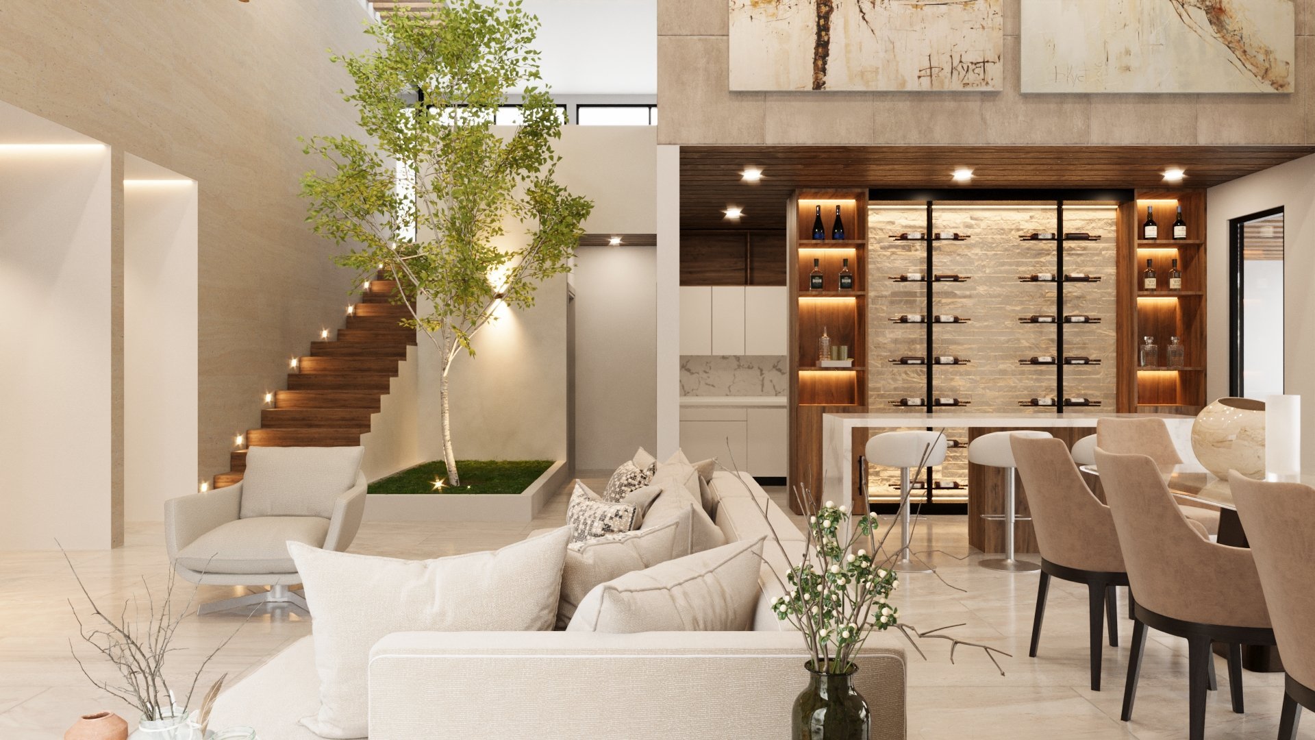 Modern luxury home interior with cream seating, floating staircase, potted plants, and open-concept dining and display areas
