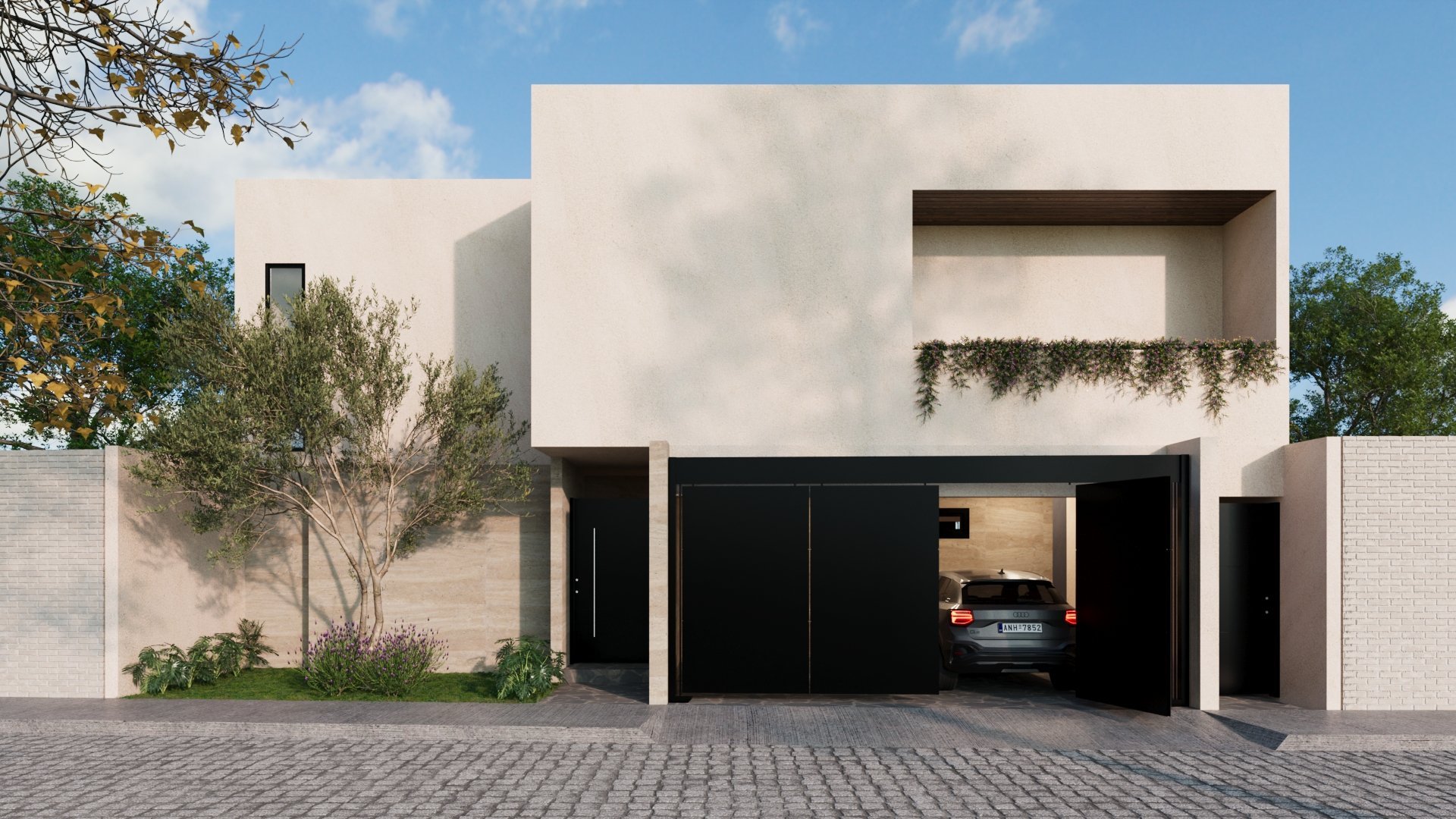 Modern two-story white house with minimalist design, open carport with car, and geometric architectural features