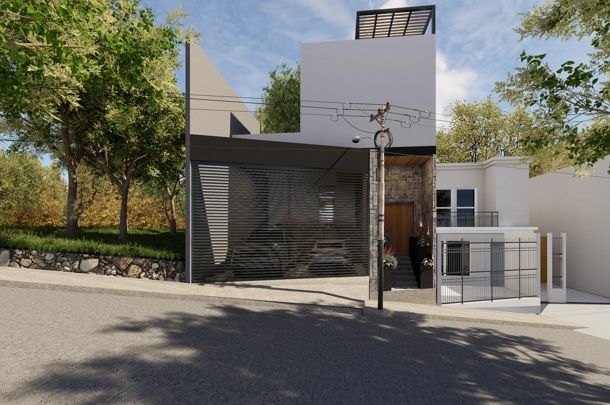 Modern minimalist house with black metal garage door, white walls, and trees lining the street