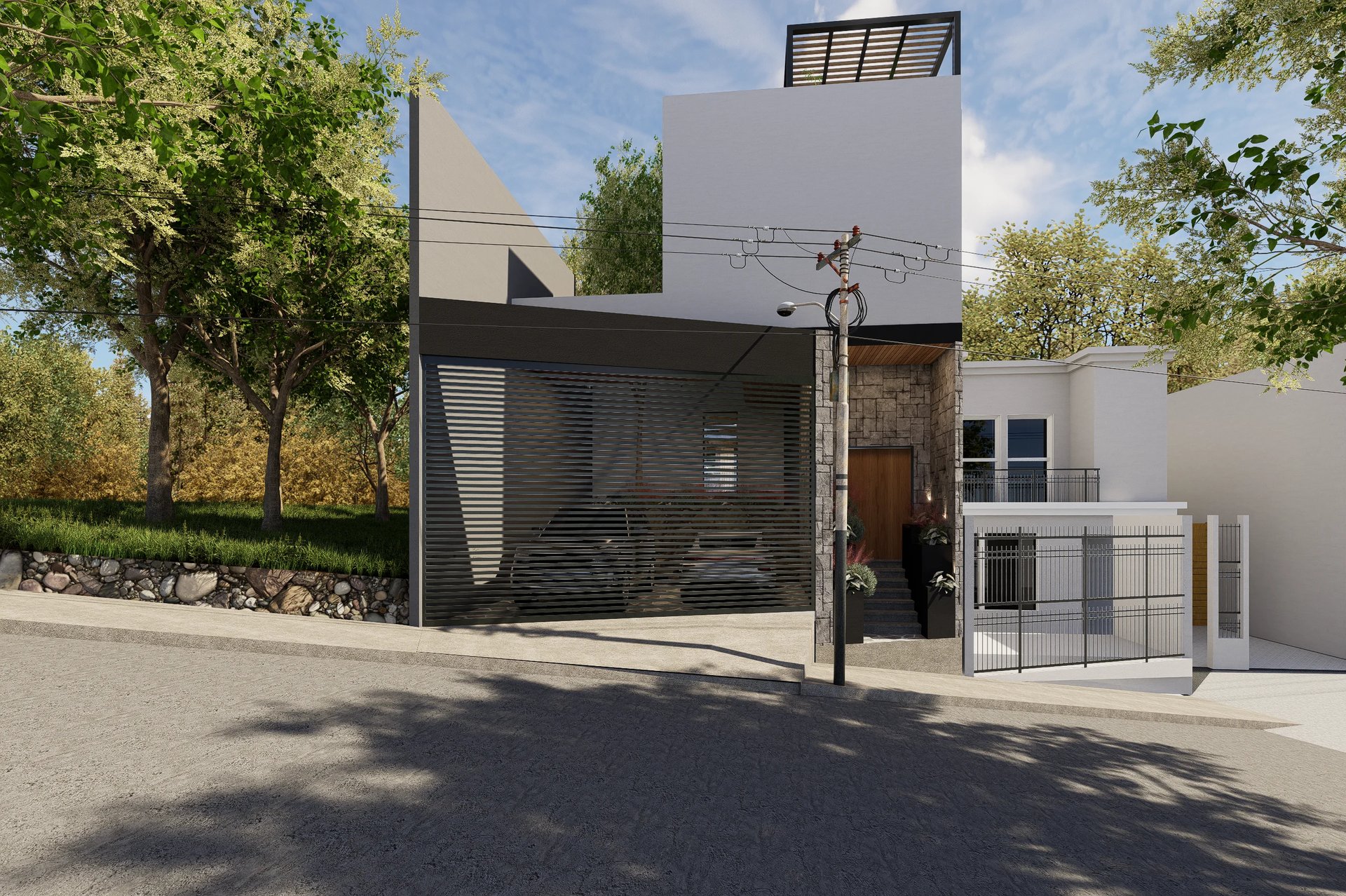 Modern minimalist house with black metal garage door, white walls, and trees lining the street