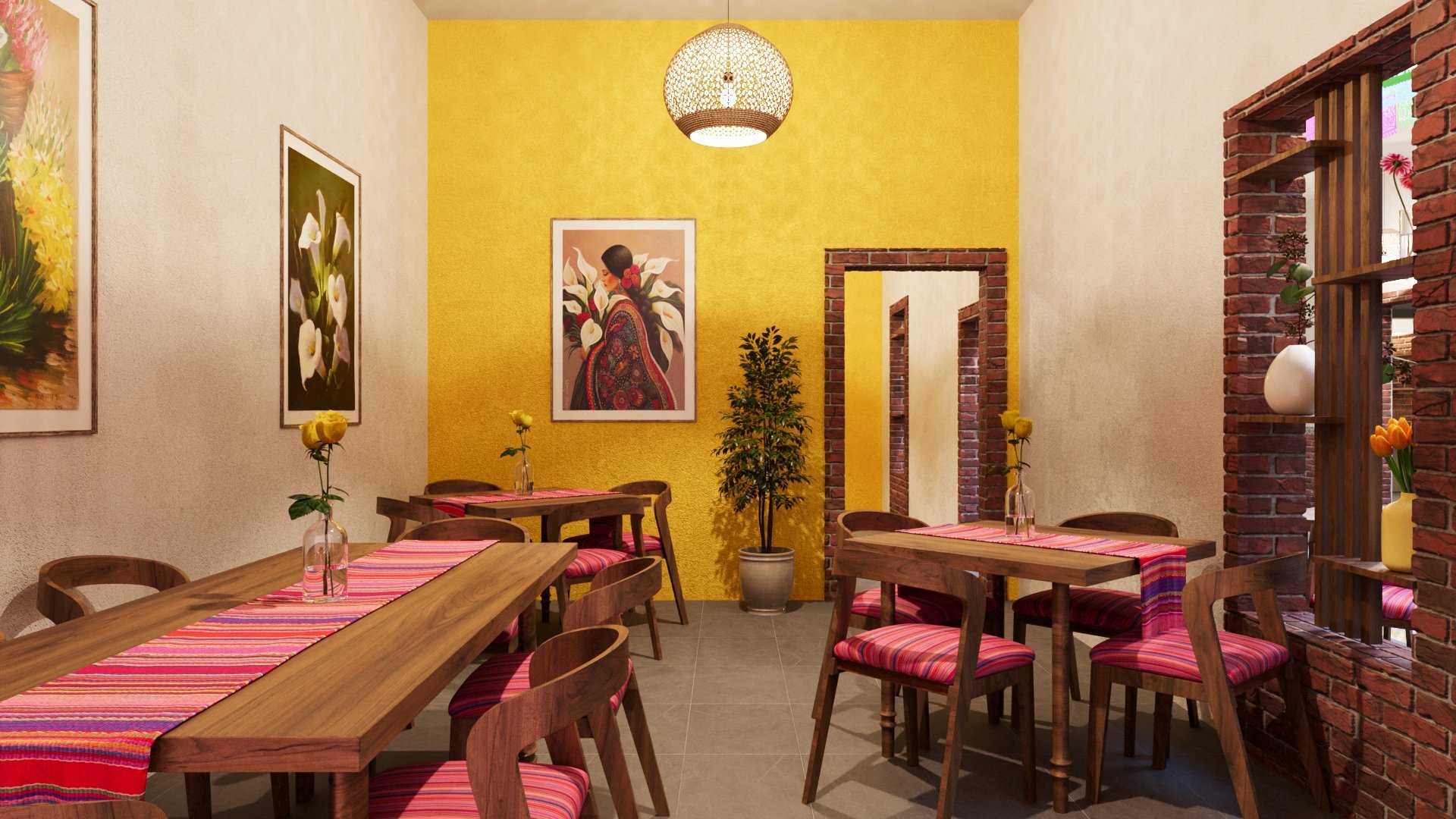 Modern dining room with bright yellow walls, wooden furniture, pink striped table runners, and framed artwork