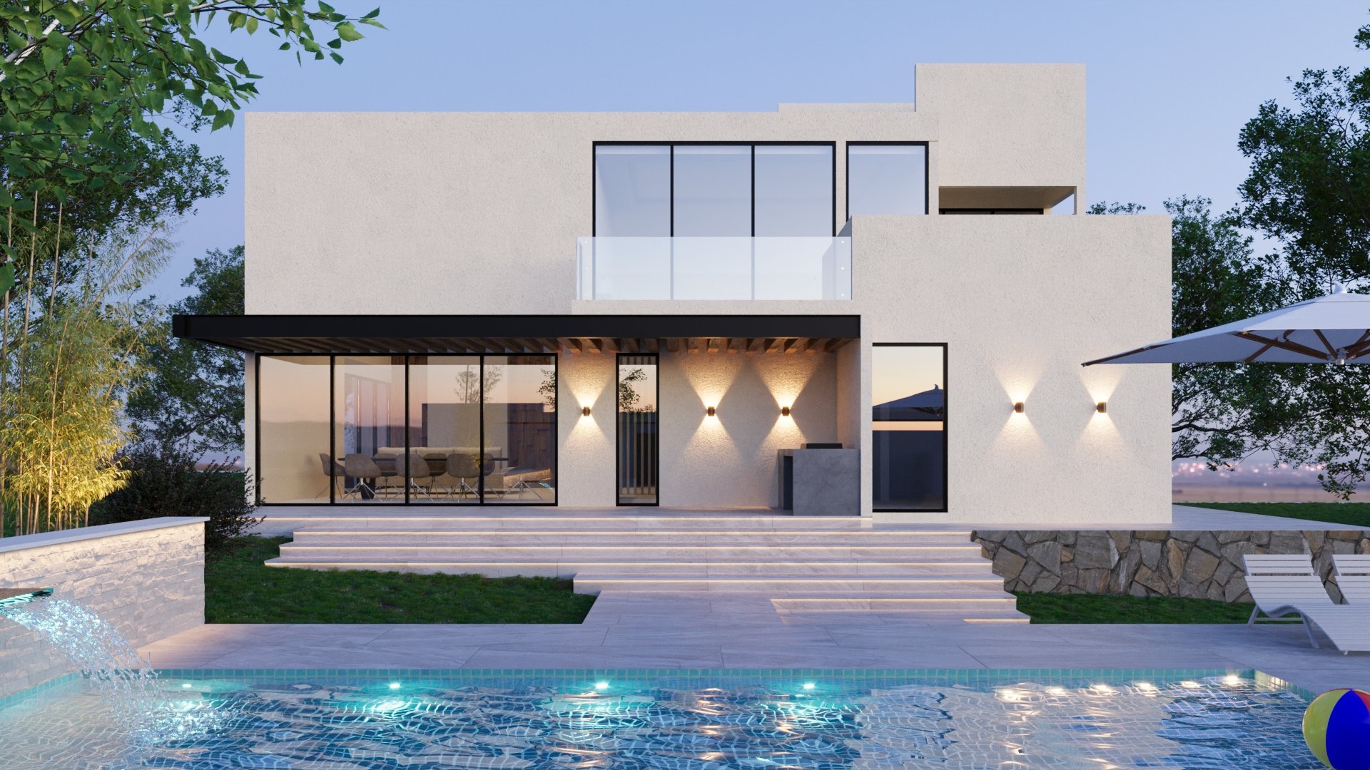 Modern minimalist house with illuminated pool, featuring clean white architecture and large windows overlooking landscaped grounds
