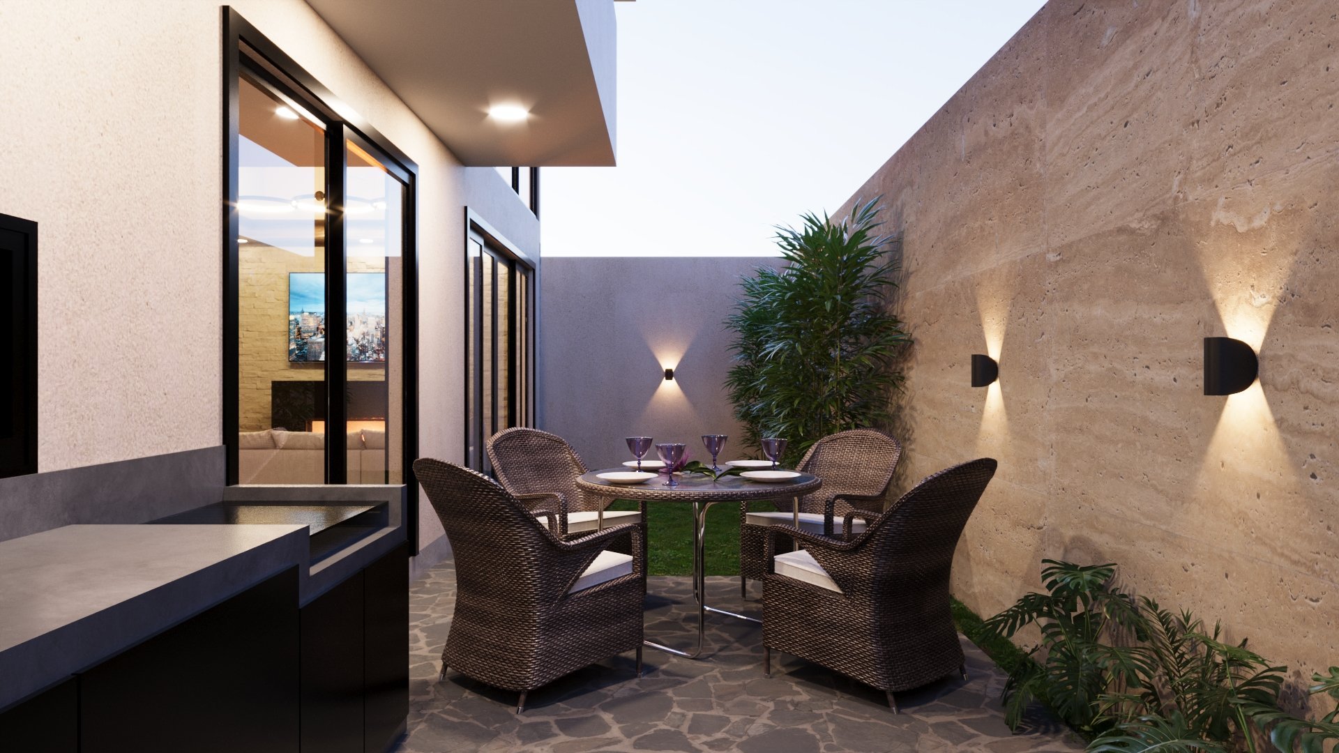 Modern patio courtyard at dusk with woven lounge chairs, glass door entry, ambient wall lighting, and potted greenery