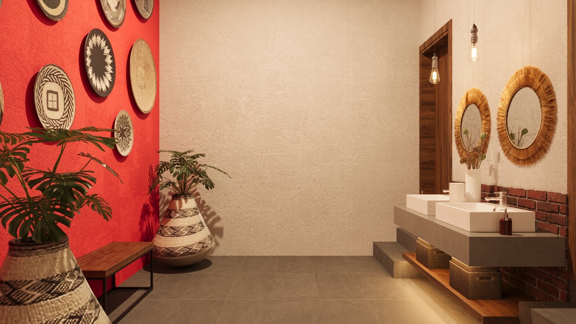 Modern bathroom with red accent wall, decorative plates, plants, and floating vanity with mirrors