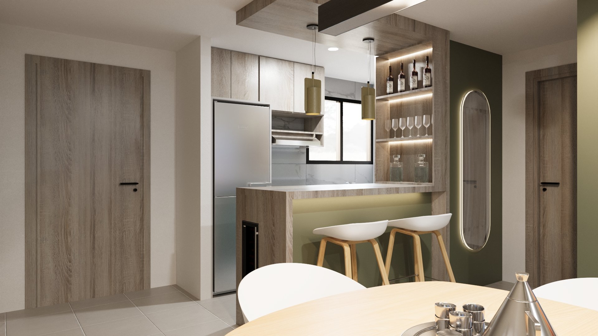 Modern kitchen and dining area with bar counter, wooden stools, stainless steel appliances, and open shelving in a contemporary apartment