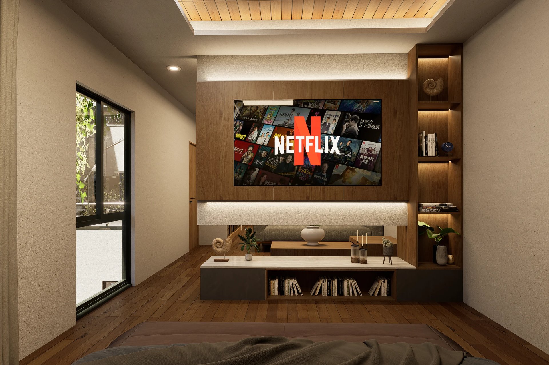 Modern bedroom with built-in entertainment wall featuring Netflix display, wooden shelving, warm lighting, and minimalist design