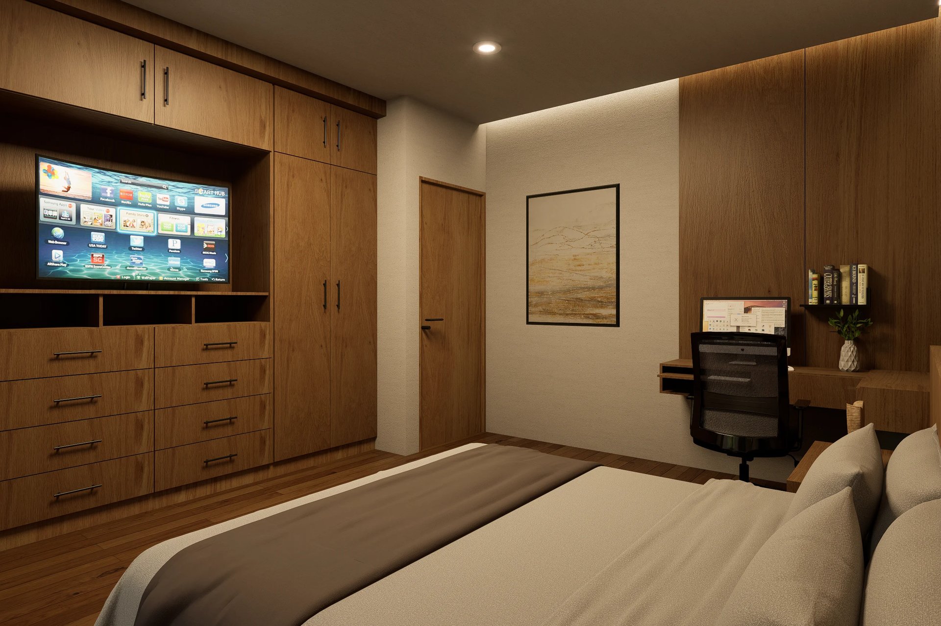 Modern bedroom with wood paneling, bed with gray bedding, wall-mounted TV on wooden entertainment unit, and wooden desk area