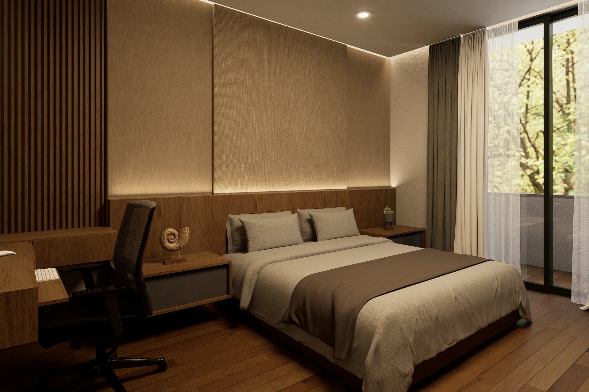 Modern bedroom with wood accents, bed with beige bedding, desk area, warm ambient lighting, and glass doors leading to outdoor space