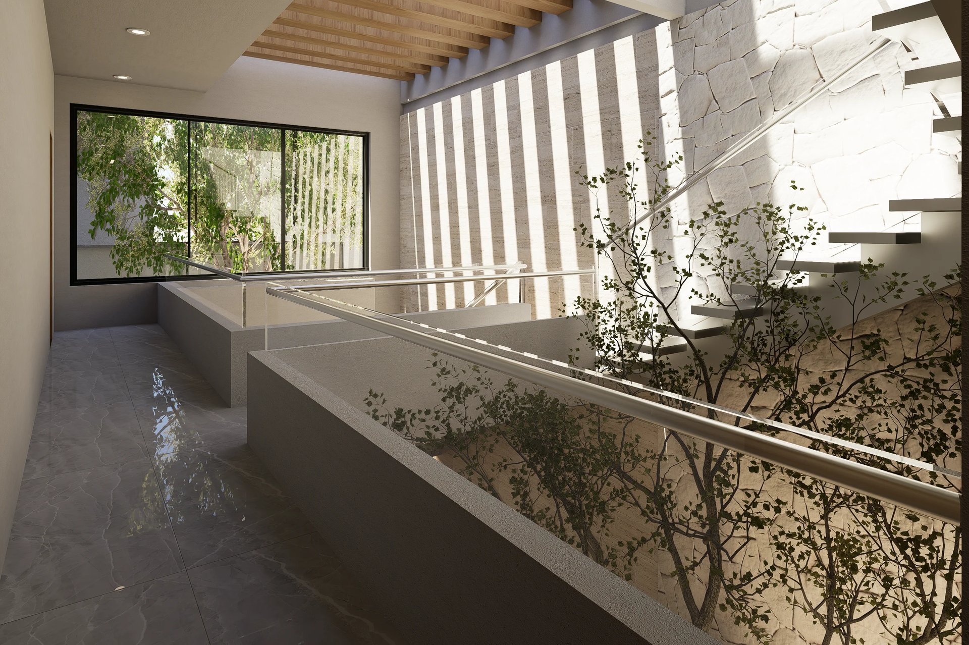 Modern hallway with glass railing, wooden ceiling beams, large windows with bright sunlight, and climbing plants on right side