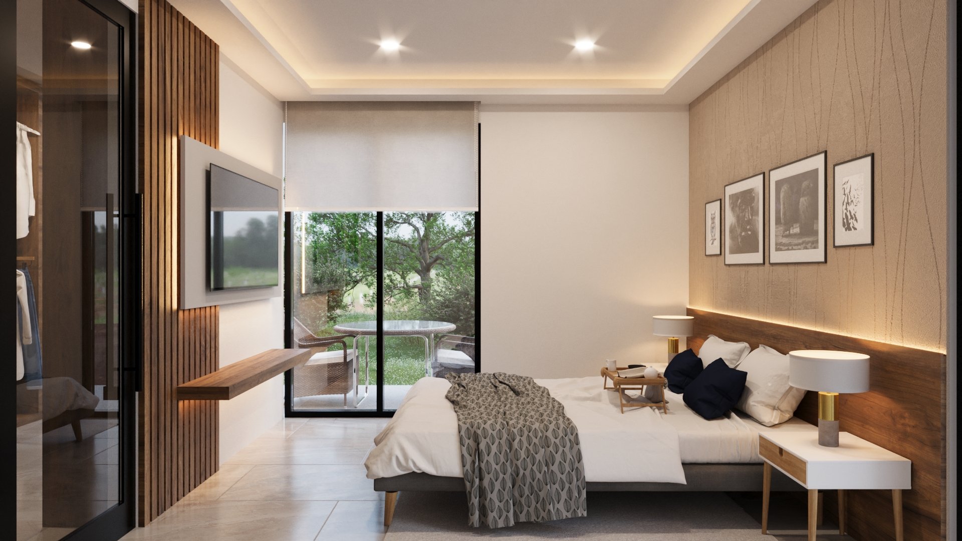 Modern bedroom with white bed, wooden accents, large windows overlooking garden, and minimalist wall art