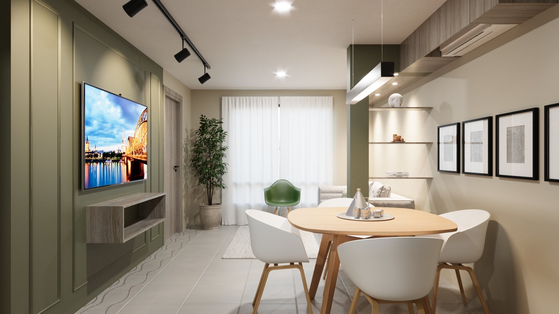 Modern apartment interior with dining table, wall-mounted TV, kitchen area, and contemporary furnishings with neutral color palette